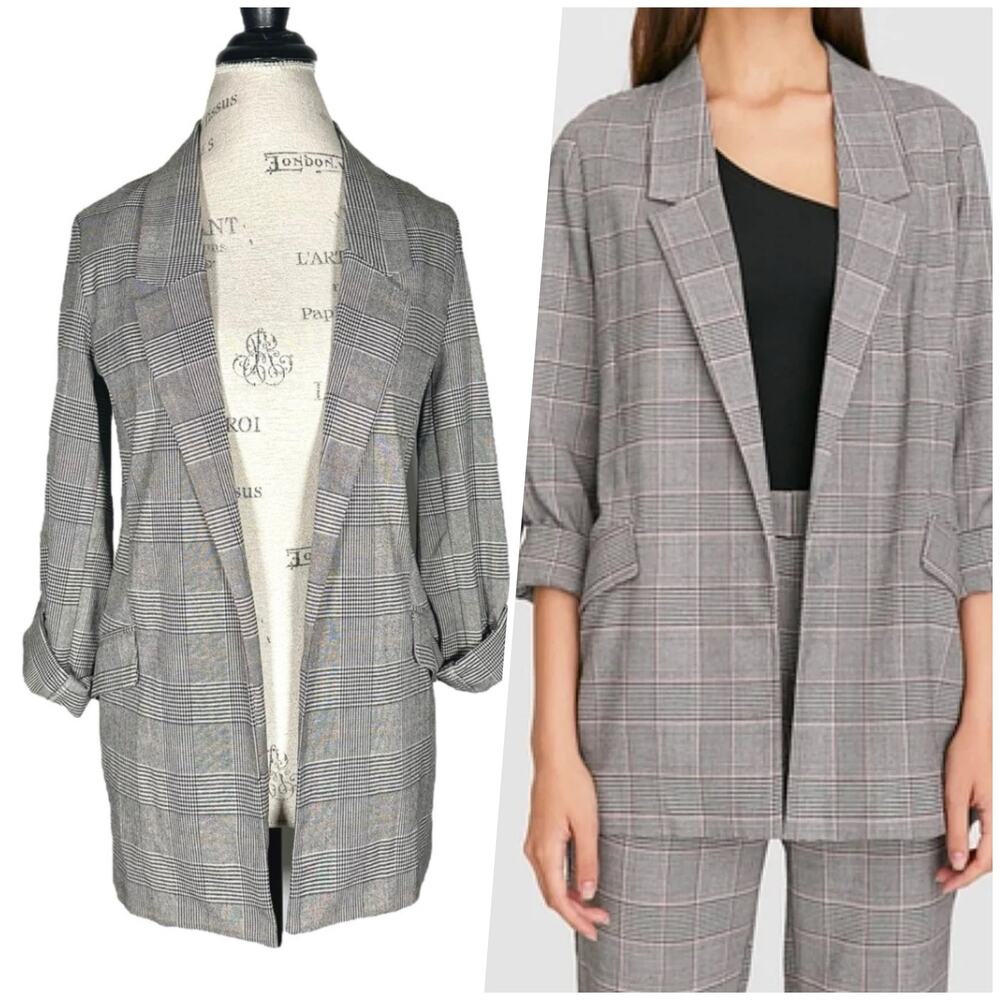 Stradivarius | Women | Stradivarius Glen Plaid Tab Sleeve Open Front Blazer | XS
